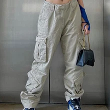 Waatfaak Hip Hop Solid Parachute Cargo Pants Streetwear Pockets Vintage Bandage Grunge Y2K Trousers Women High Waist Jogger 90S