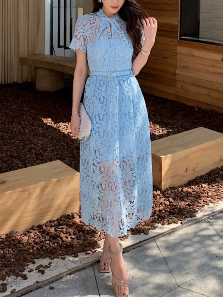 

Women's Midi Dress 2024 New Summer Lace Hollow Out Temperament Casual Short Sleeve Long Robe with Sashes
