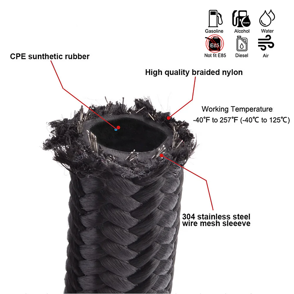 1M/3M AN4 AN6 AN8 AN10 AN12 Fuel Hose Oil Gas Cooler Hose Line Pipe Tube Nylon Stainless Steel Braided Inside CPE Rubber aluminum hose fitting