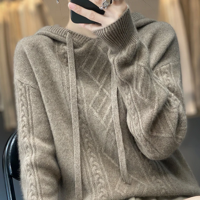 

Autumn Winter New Cashmere Sweater Women's Hooded Long Sleeve Pullover 100% Pure Wool Loose Solid Color Heavy Duty Jacquard Knit