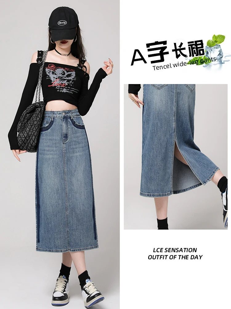 

Женская прямая джинсовая юбка с завышенной талией, трапециевидная длинная джинсовая юбка, расклешенная уличная одежда в японском стиле y2k, юбка с карманами