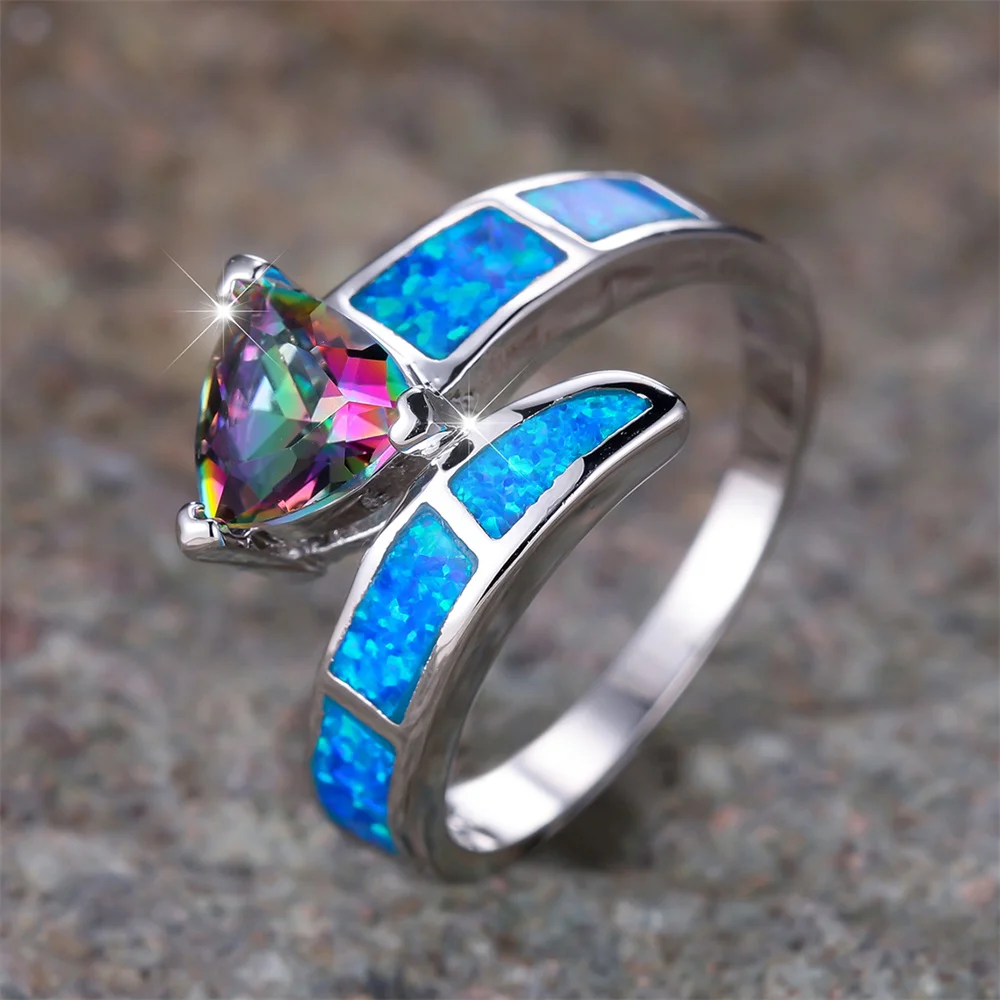 Mystic Rainbow Triangle CZ Stone Ring Blue Fire Opal Engagement Band Rings For Women Vintage Trendy Silver Color Wedding Jewelry