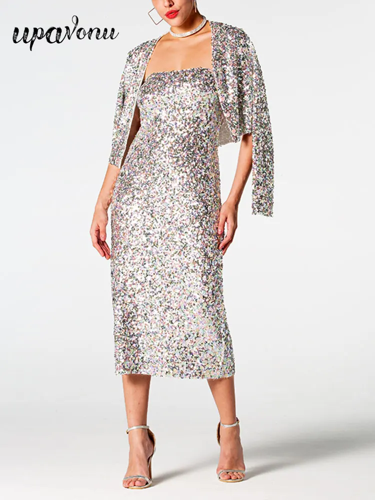 

Colorful Sequin Dress Sets Women's Single breasted Long Sleeve Short Sequin Coat&Strapless Sleeveless Midi Dress Two Piece Set