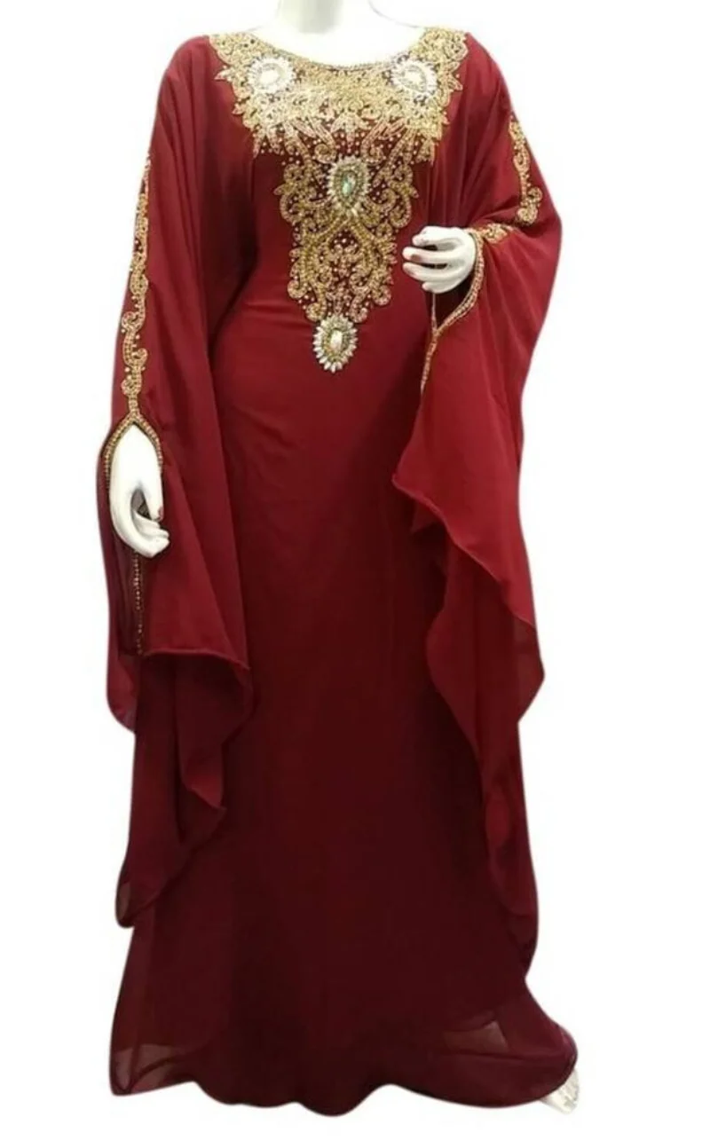 Women Long Dress Maroon Georgette Farasha Robe Moroccon Dress Indian Saree Indian Clothing Pakistan World National Costume