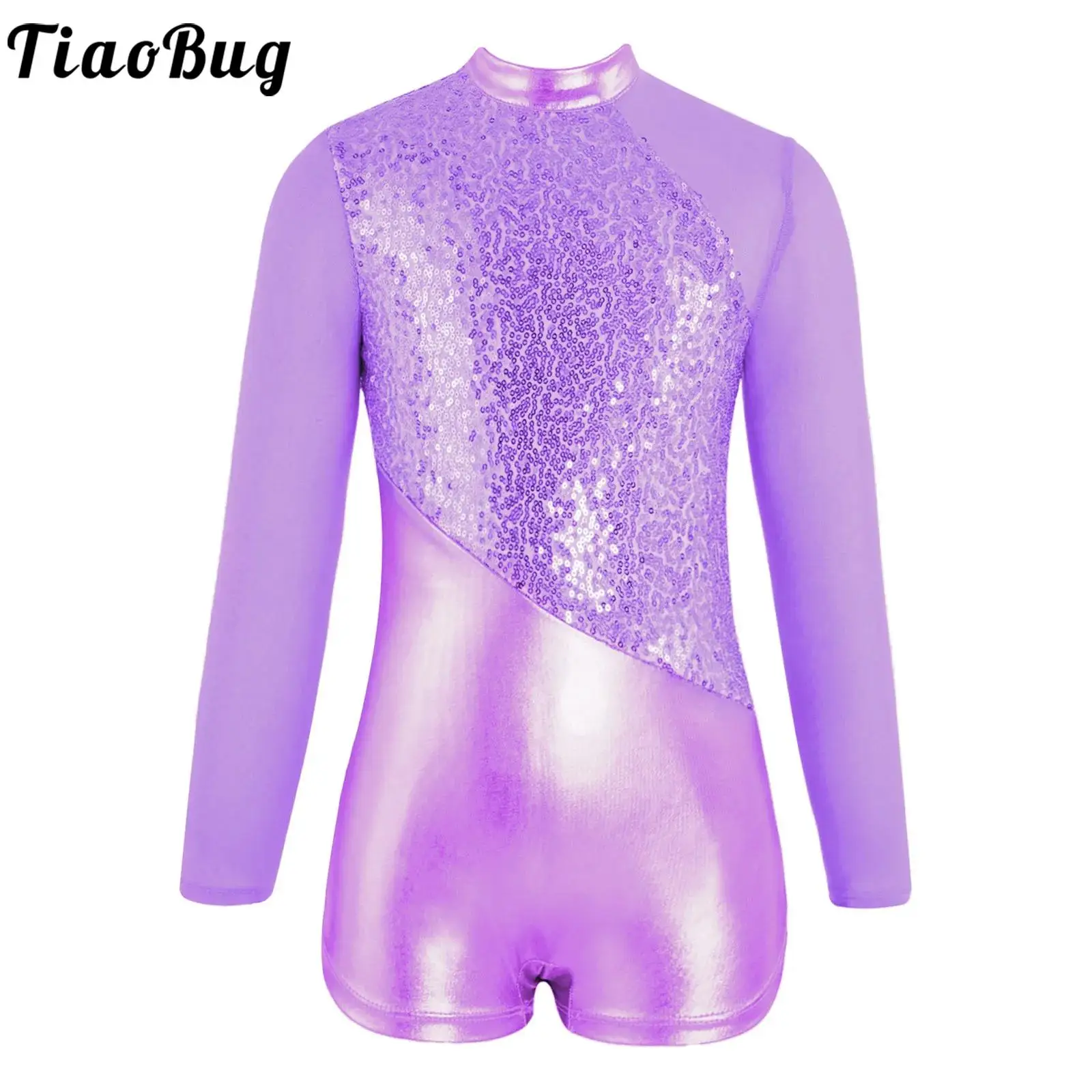 Kids Girls 4 to 16 Years Dance Performance Outfit Sparkling Sequin Long Sleeve Zipper Back Leotard with Hair Tie Headwear