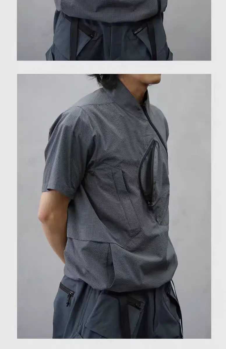 Nosucism 24ss Incline zipper Gray short sleeve shirt textured sorona fabric centered chest pocket irregular collar techwear