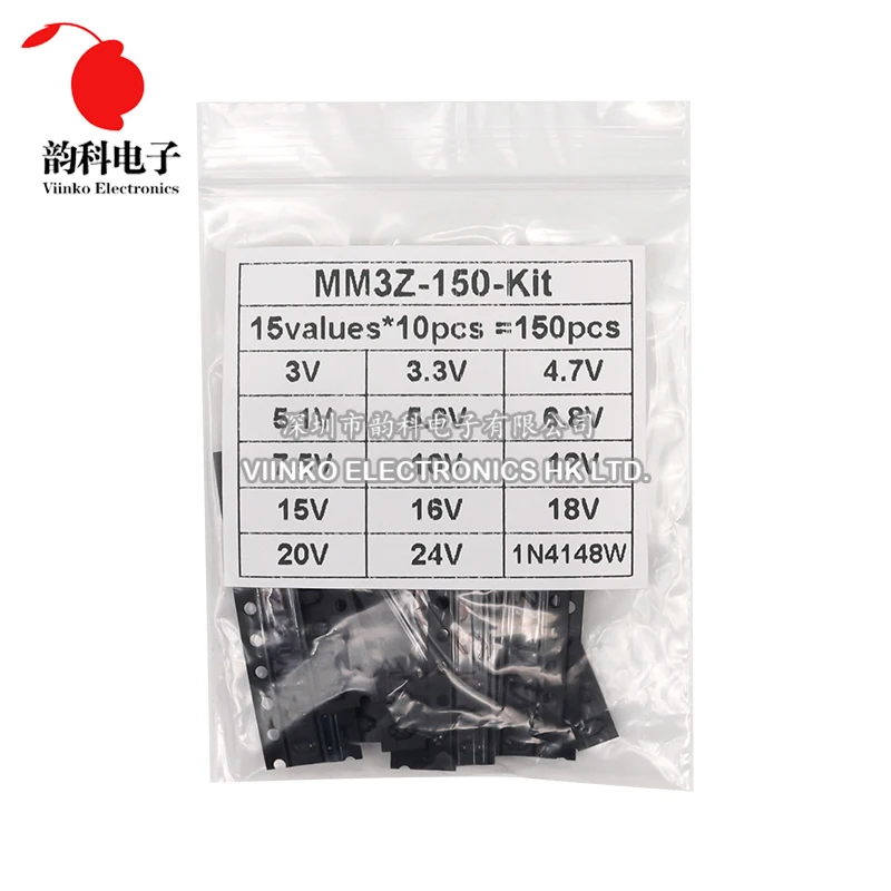 150 шт. 0,2 Вт SMD стабилитрон диод Ассорти Комплект SOD-323 0805 3 в-24 в 1N4148 15 значений каждый 10 шт. DIY набор образцов