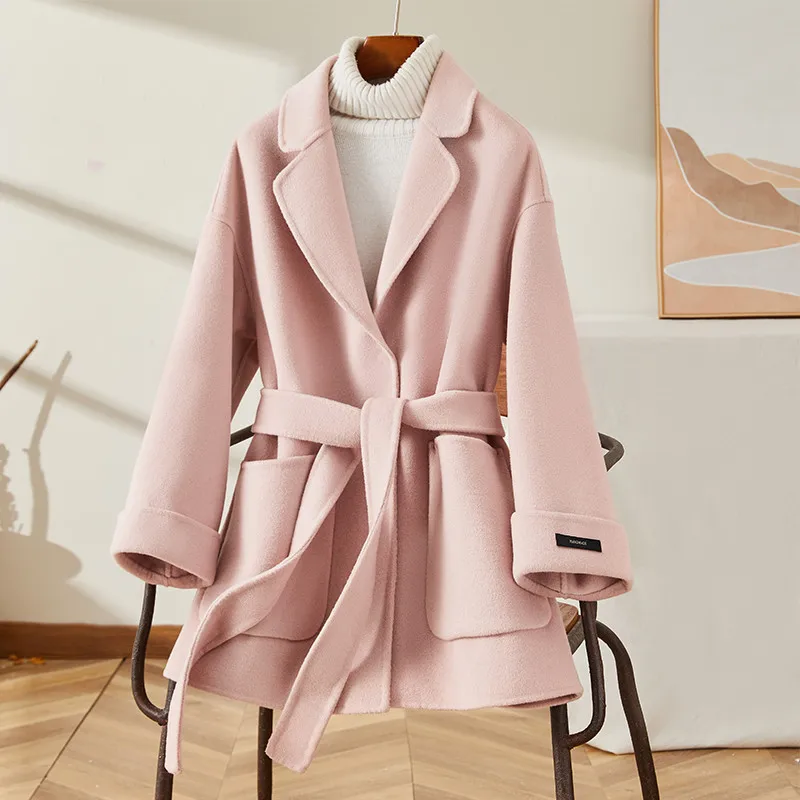 

Pink Double-sided Cashmere Coat 2022 Autumn Winter Women's Mid-length Lace-up Woolen Coat Female Elegant Wool Overcoat Jacket