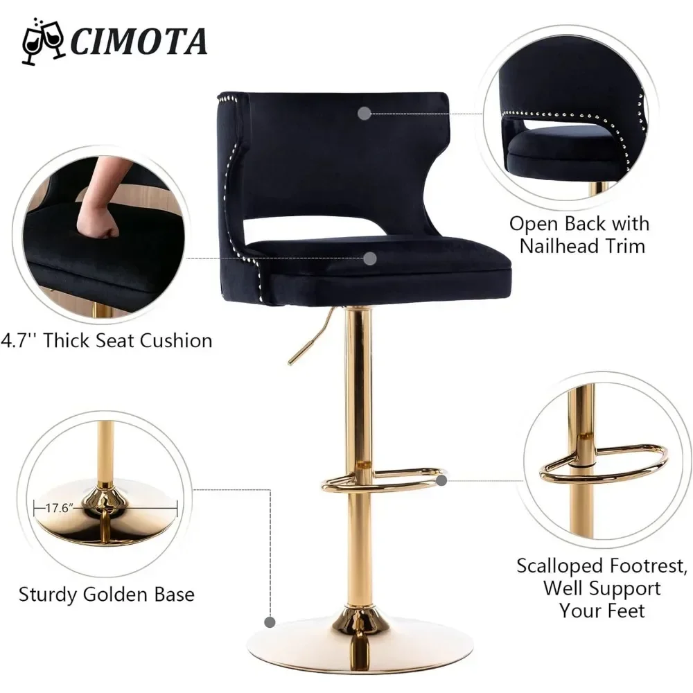 Swivel Bar Stools Set of 4, Adjustable Height Counter Stools Modern Velvet Barstool with Open Back/Footrest, Bar