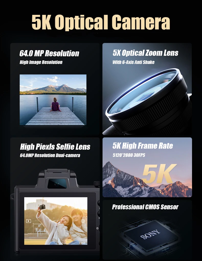 SONIDA 5K DSLR Optical Zoom HD Video Camera 3.2-inch IPS HD Touchscreen Display Digital Camera