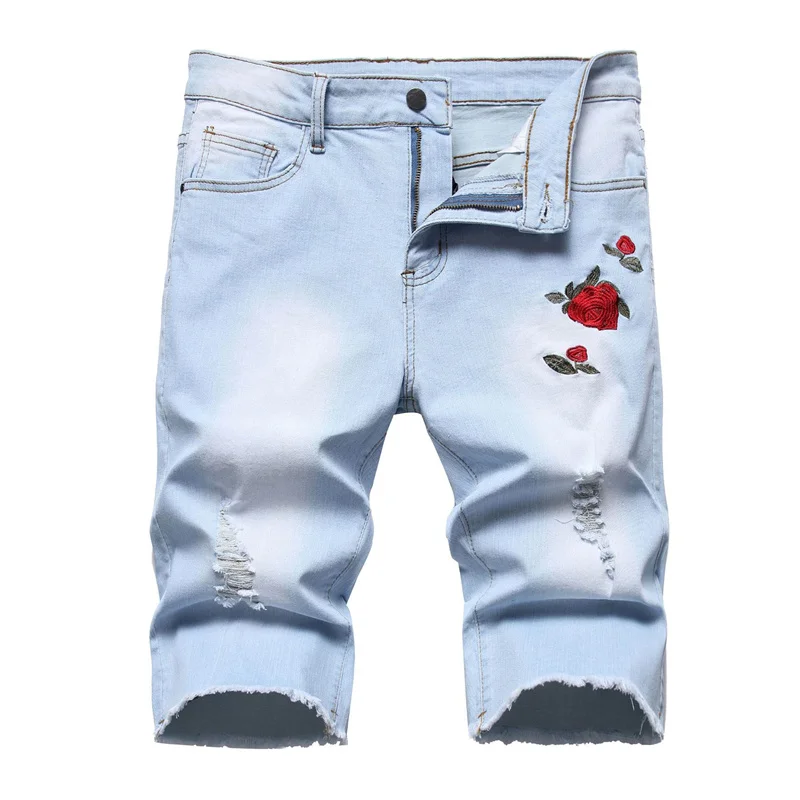 

2023 New Men's Broken Denim Shorts Black Blue White Fashion Men Rose Embroidery Daily Casual Shorts Cotton 28-42