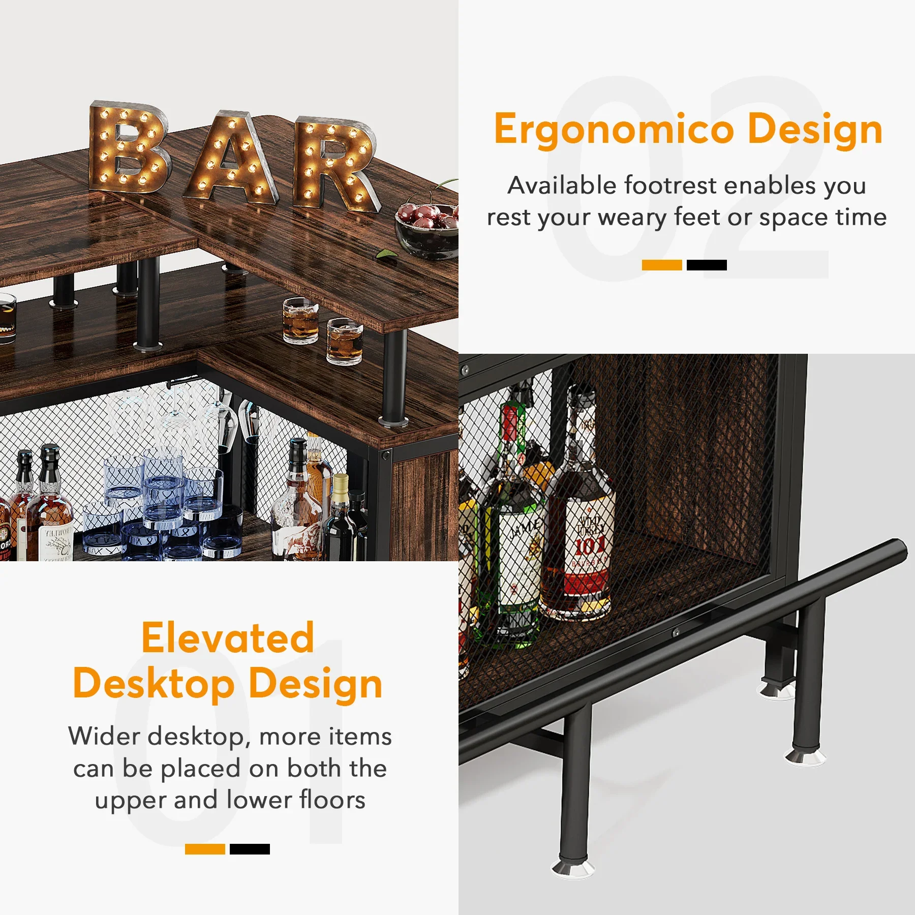 Tribesigns Home Bar Unit, L-Shaped Bar Table with Stemware Racks and 2-Tier Shelves, Corner Coffee Liquor Cabinet, Rustic Brown