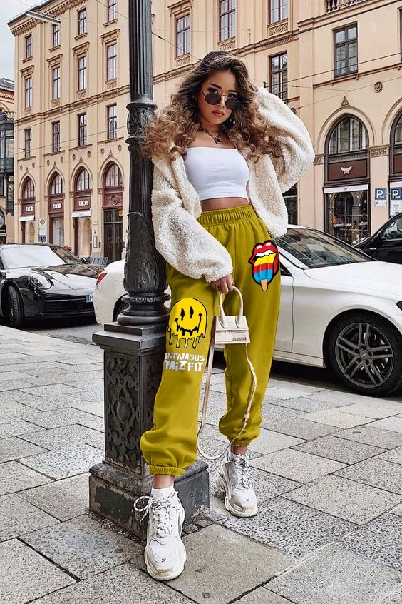 Hip-hop retro 90s women's casual pants color loose street high waist pocket pants plus size autumn and winter sports pants plus size capris