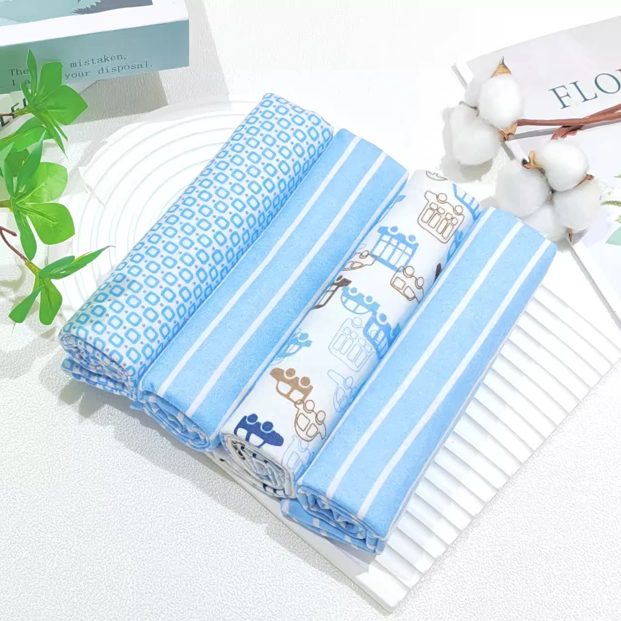 4Pcs/Sets 100% Cotton Flannel Diapers Baby Swaddles Soft Wrap For Baby Girls Boys Supersoft Receiving Bedsheet Print Blankets