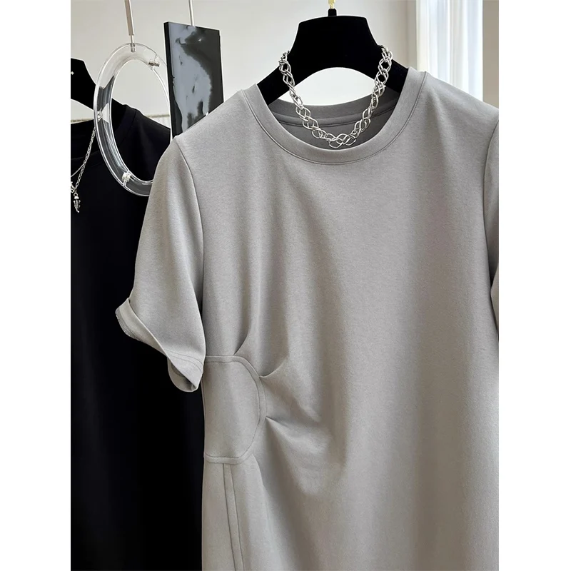 여성용 기본 롱 스플릿 티셔츠, 루즈 캐주얼, 단색, 심플 튜닉, O넥, 시크 커버, 엉덩이 상의, 여름 의류