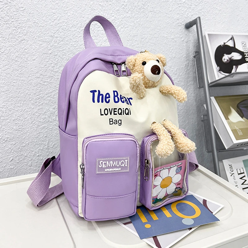 Children Backpack with Bear Doll Leisure Korean Cartoon Kindergarten Schoolbag Boys Girls Backpack for Kids Nylon Cute Bag