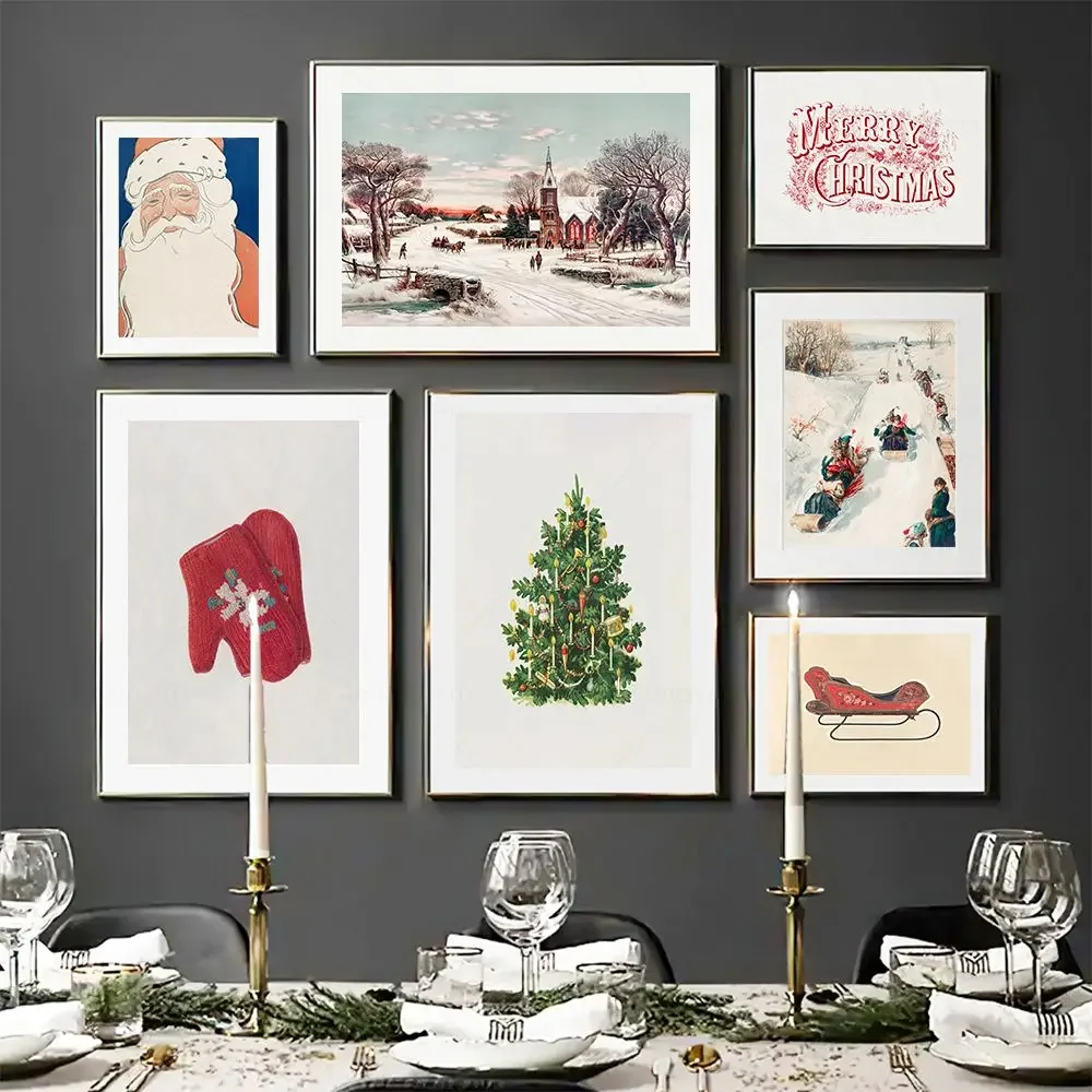 

Классический винтажный настенный постер с надписью "Merry Christmas", "папа", "Рождественские сани", HD Печать на холсте, украшение для дома, гостиной, спальни