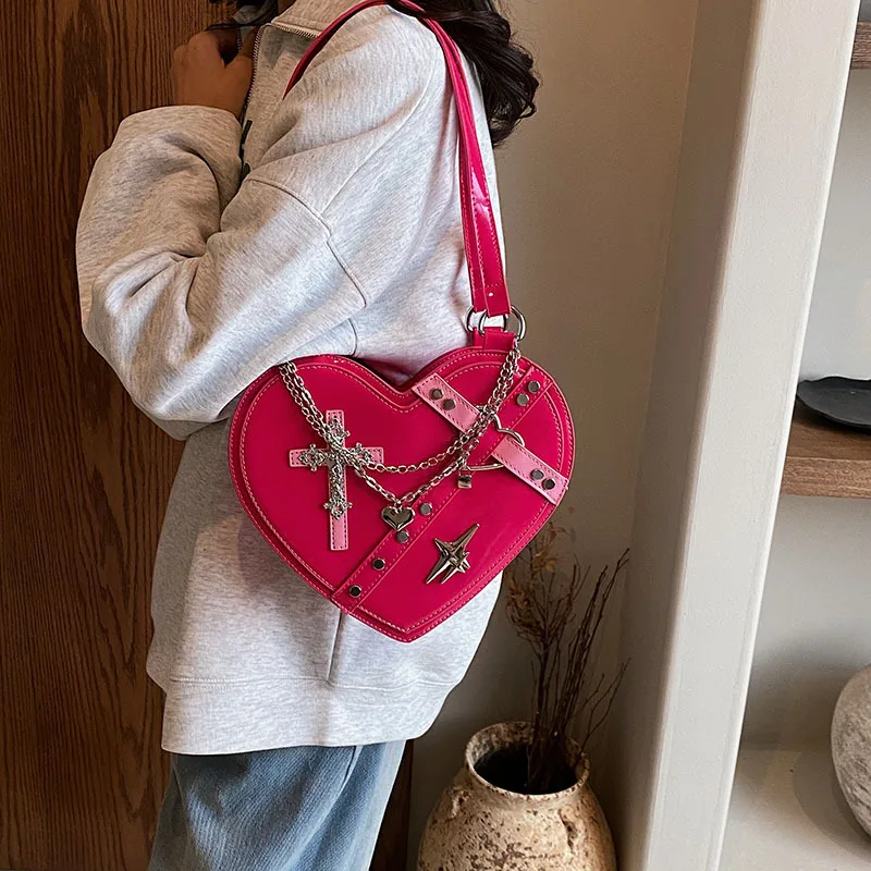 Bag Shoulder Y2k Dark Crossbody Love Shaped Lacquer Leather Handbags For Women Casual High-Quality Messenger Versatile Luxury