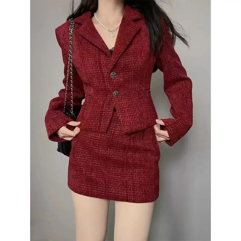 

Woman's Autumn/winter Fragrance Short Tweed Blazer Coats Overskirt Suit French Retro Waist Woolen Coat Overskirt Two-piece Sets