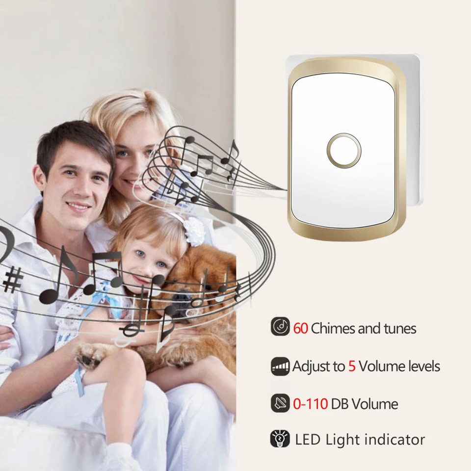 WEMEDA Smart Self-powered Wireless Doorbell No Battery Waterproof Gold Chime Home Door Bell US EU UK Plug 1 Button 4 Receiver