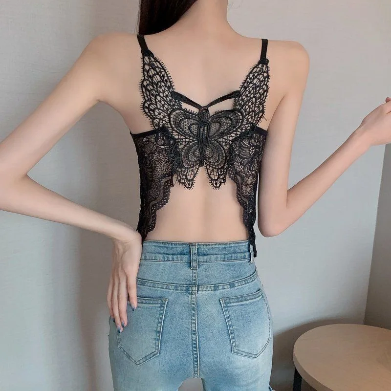 thumbnail image 1 of Camisola de encaje con espalda de mariposa para mujer, bralette sexy fruncido con zorro, camisola transpirable de moda con tirantes finos, ropa ahuecada, 1 of 5