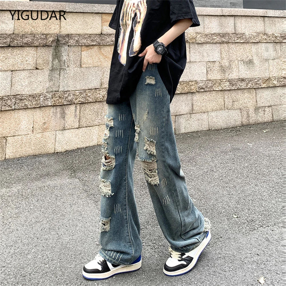 

Ripped Holes Jeans Men Summer Baggy Oversized S-3XL Mopping Denim Wide Leg Trousers Casual Retro Hip Hop Korean Fashion Bottoms