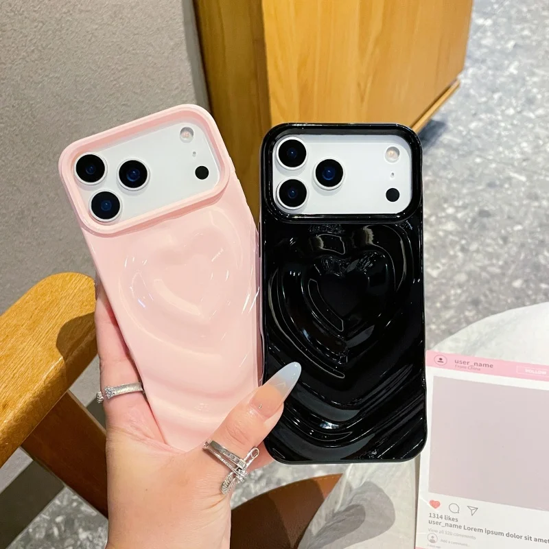 Glossy Love Heart Phone Case with 3D Wavy Pattern and Plating - Fashionable Shockproof Cover