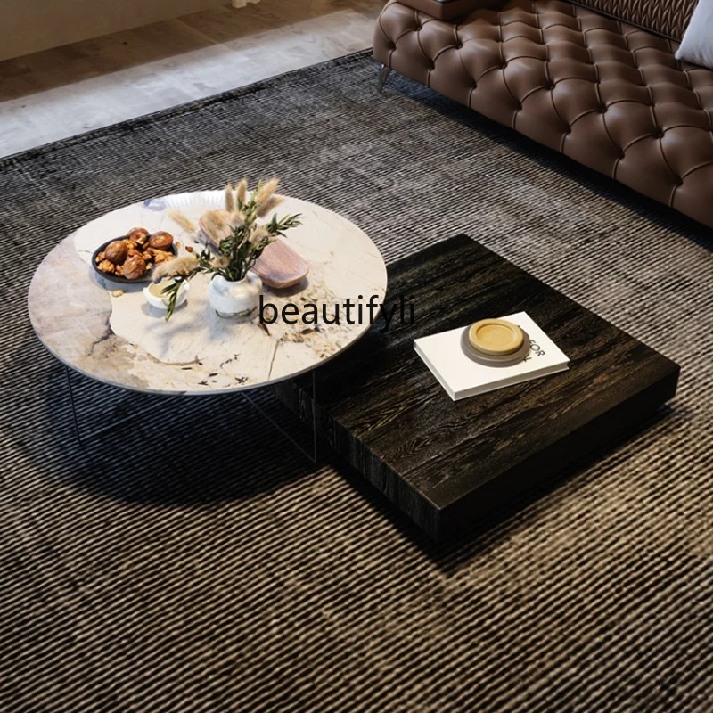 

yj Italian Style Light Luxury Stone Plate Coffee Table Solid Wood Square Small Apartment round Tea Table Combination