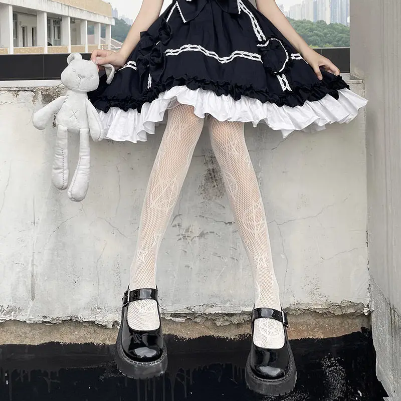 

Lolita Girls Cute Pentacle Print Tights Women Sexy Gothic Punk Magical Five-Pointed Star Mesh Fish Net Pantyhose Body Stockings