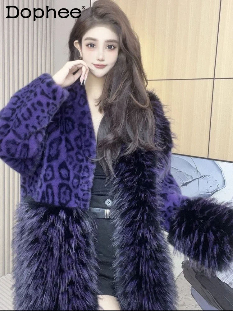 

Mink Fur Warm Long Sleeve Fur Coat for Women 2023 Winter New Contrast Color Casual V-neck Fashion Leopard Print Coat Female