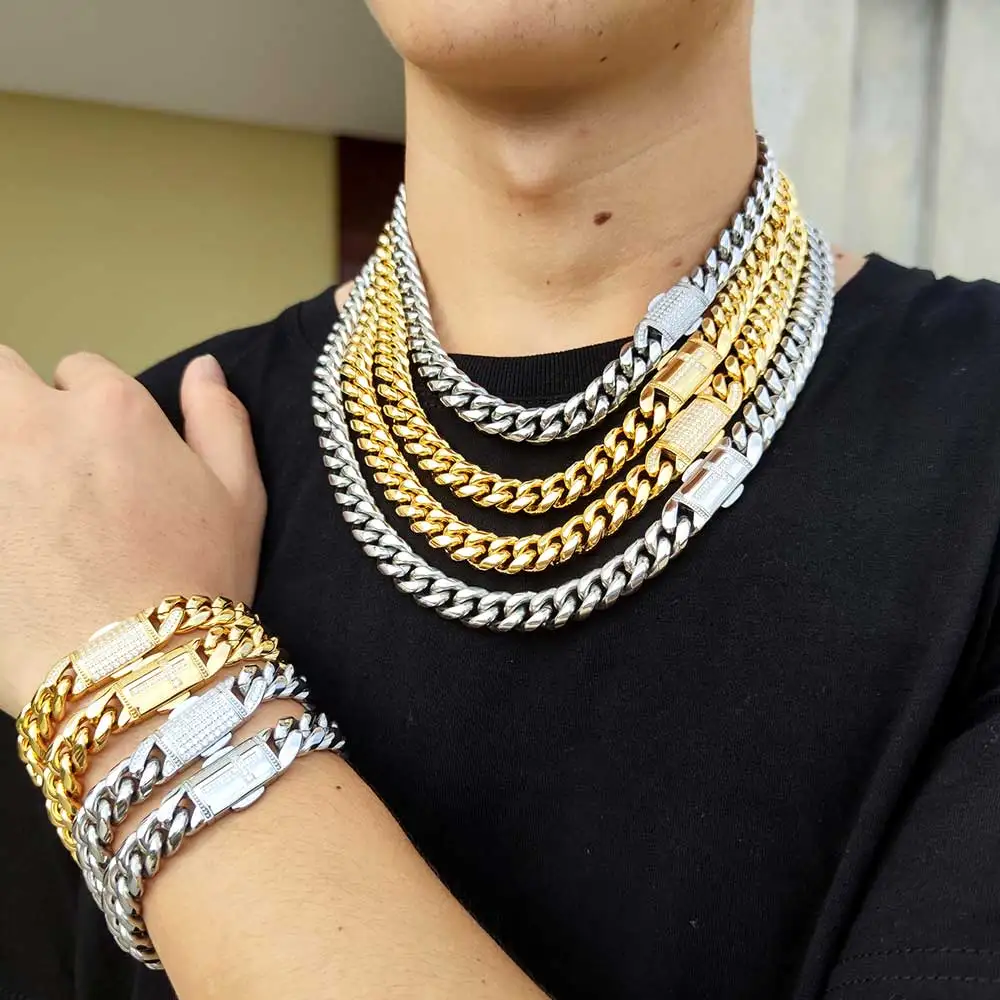 12mm Stainless Steel Miami Cuban Link Chain for Men Durable Gold Plated Solid Curb Cuban Necklace With Iced CZ Clasp