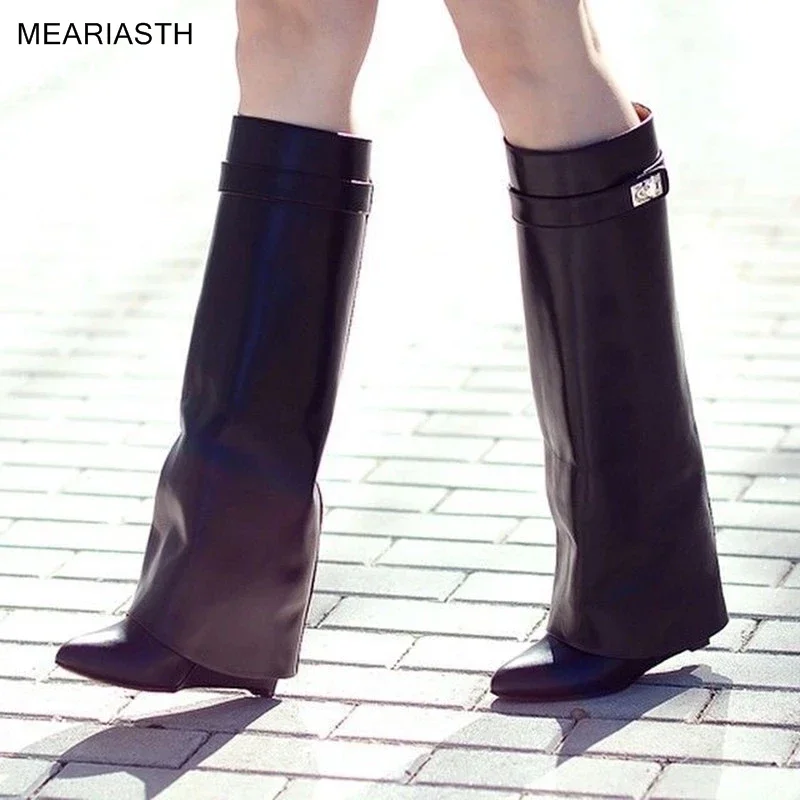 

Meariasth Metal Shark lock Women Knee High Boots Strap Wedges Shoes Ladies Knight Layer Boots Fold Over Lady Motorcycle Boots