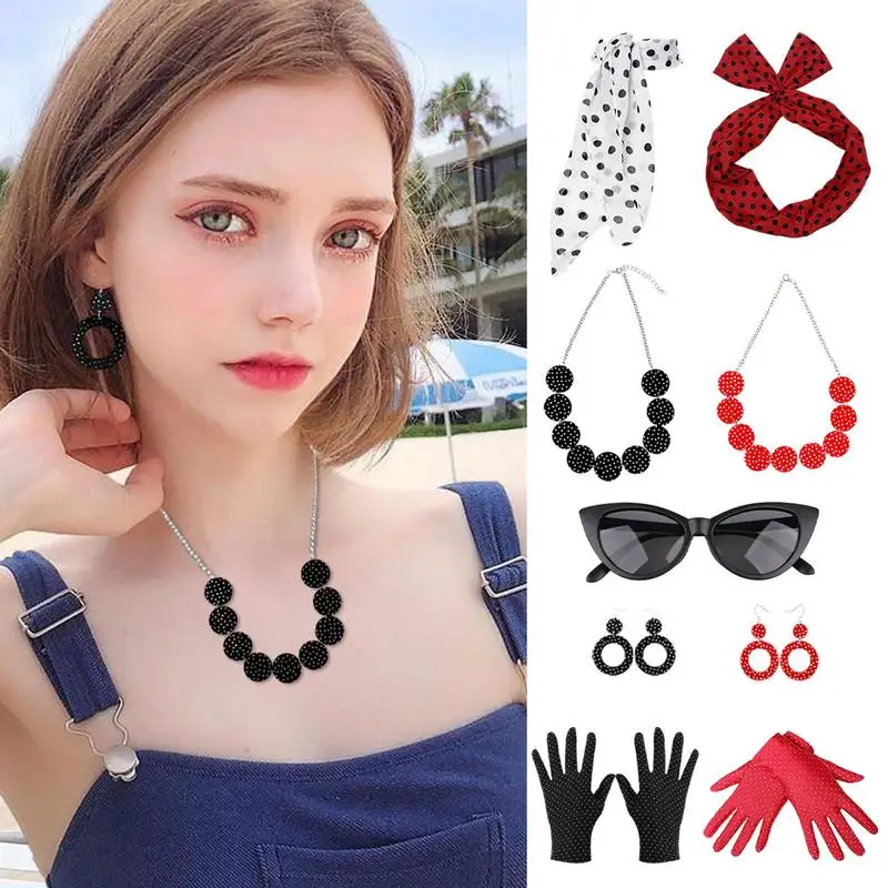 

1950's Women Costume Polka Dot Gloves Necklace Headband Decor 5pcs Retro Disco Outfit Women Party Outfits For Women Girls