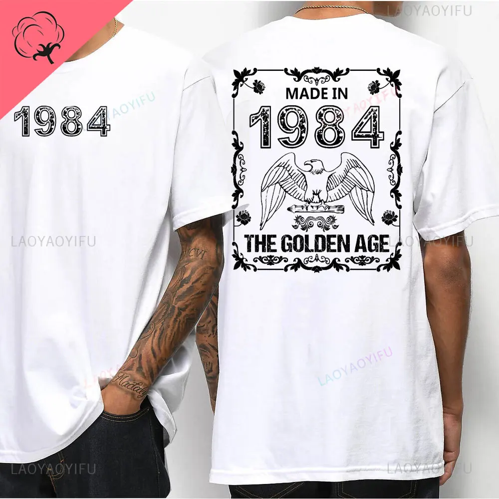 thumbnail image 1 of Camisa de algodón de 40 cumpleaños para hombres, camisetas con estampado de leyendas nacidas en 1984, Vintage de 40 años, pecho izquierdo, espalda completa, 1 of 5