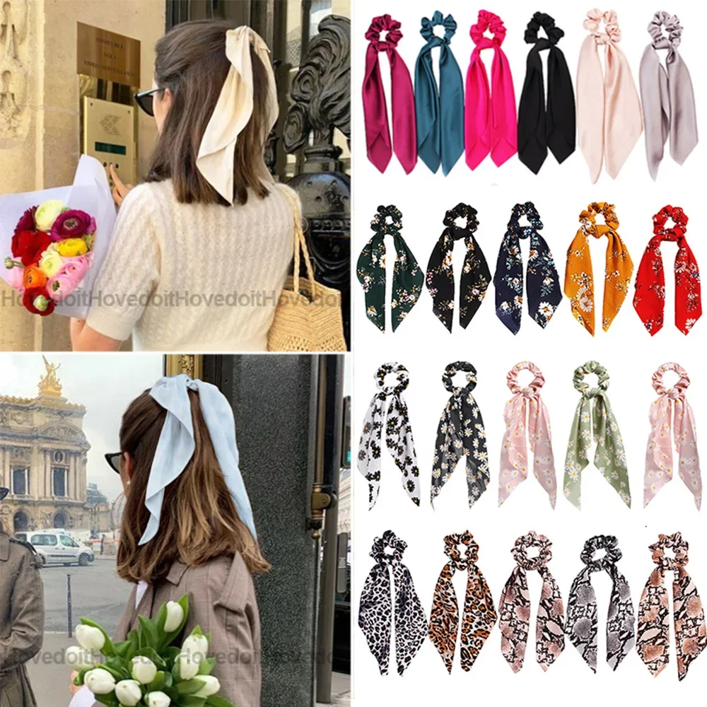 Fashion Solid Color Bow Satin Long Ribbon Ponytail Scarf Hair Tie Scrunchies Women Girls Elastic Hair Bands Hair Accessories hooded scarf windproof girls scarf cap warm integrated bear ear girls plush gloves scarf hat beautiful for daily life