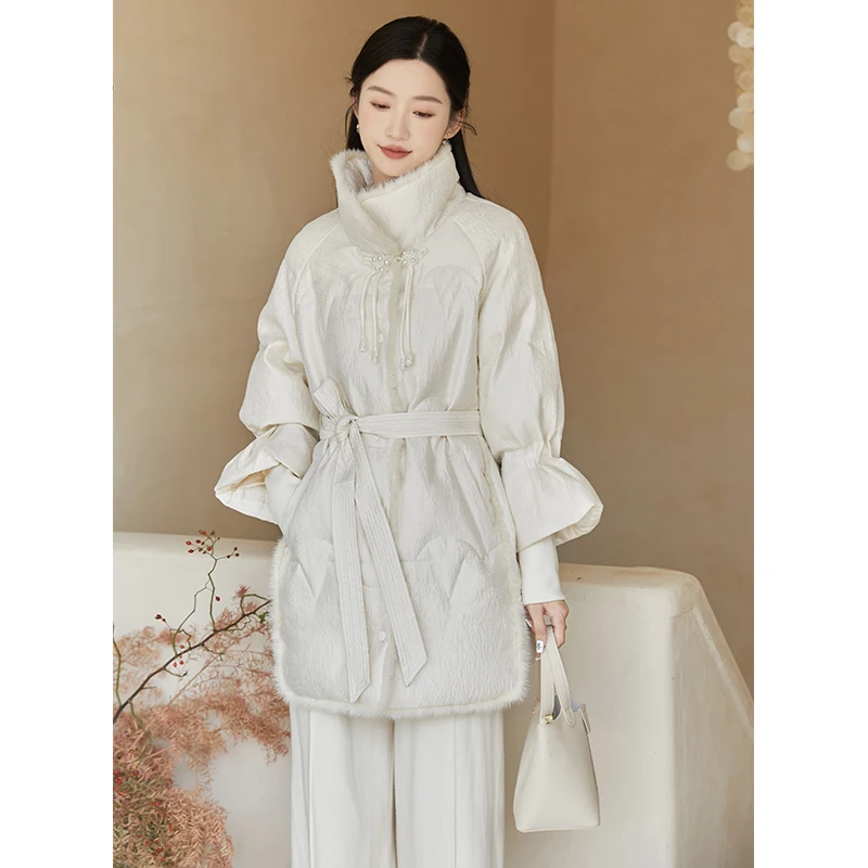 Winter Women's Retro Chinese Style down Jacket Buckle 90 White Duck down Thickened Loose-Fitting Jacket