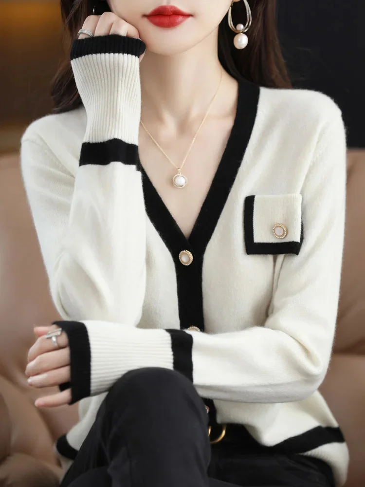 

New Spring Autumn Women’s Cardigan 100% Pure Merino Wool V-neck Cashmere Sweater Female Jacket Top