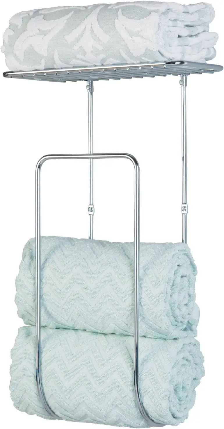 

mDesign Steel Wall Mount Towel Rack Holder Organizer with Basket Shelf Storage for Bathroom, Kitchen, Laundry Room - Holds