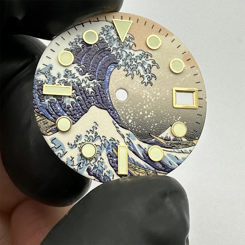 Watch Parts 28.5mm Kanagawa Wave Sterile Dial Full Luminous Golden Markers NH35/36/4R/6R/7S