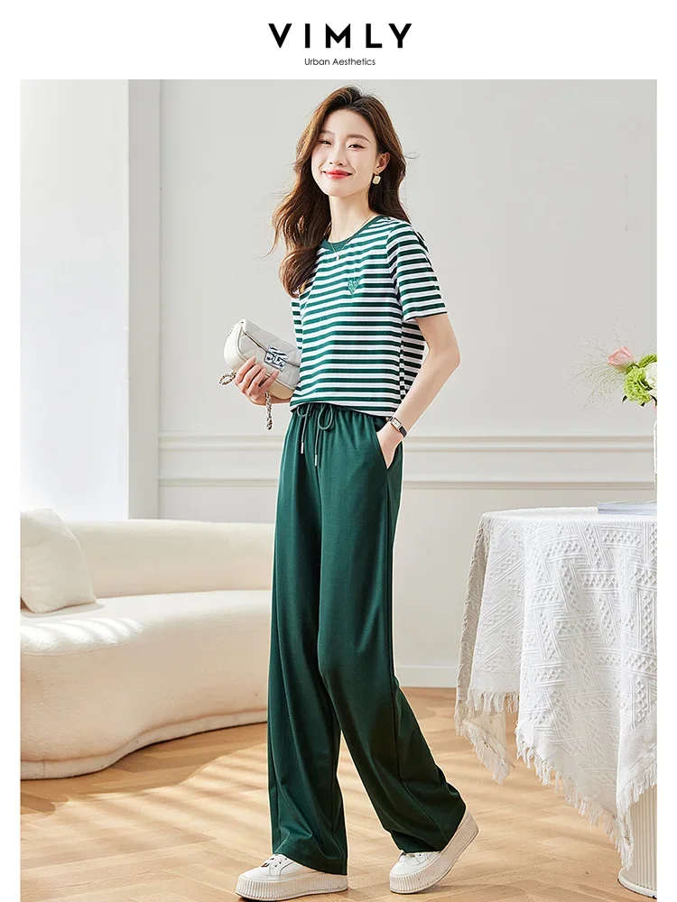 Vimly Summer Sets Womens Tracksuit Embroidery Green Striped Short Sleeve Tshirts Loose Sweat Pants 2 Piece Matching Set M1655 vimly summer casual two piece pant sets womens outfits 2023 cotton collared v neck striped t shirt straight wide leg pants m1699