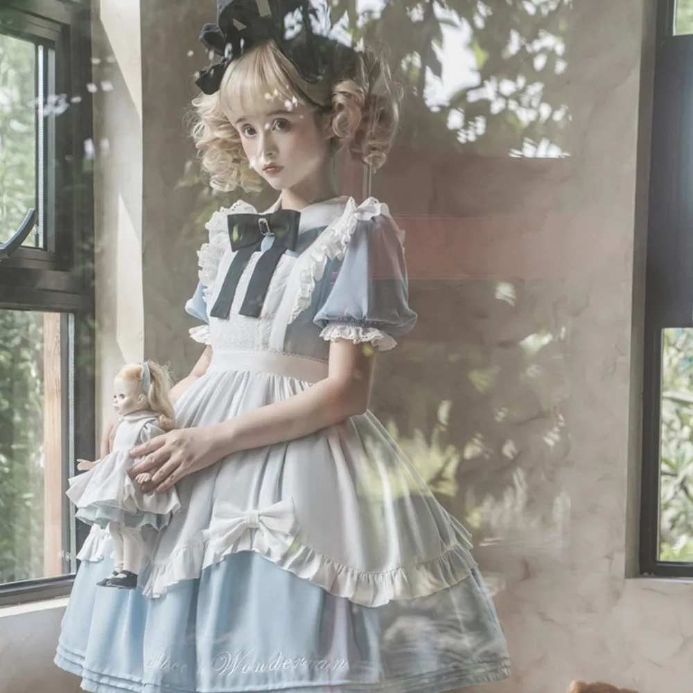 

Wonderland Op Lolita Sweet Bow Lace Dresses Maid Summer Crew Neck Short Sleeve Puffy Sleeves Apron Two-piece Kawaii