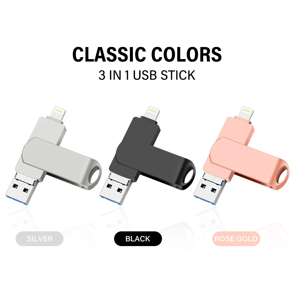 

JASTER Lightning USB 3.0 Flash Drives 256GB Metal Pen Drive 128GB for Iphone Ipad Android U Disk 64GB 32GB 3 in 1 Memory Stick