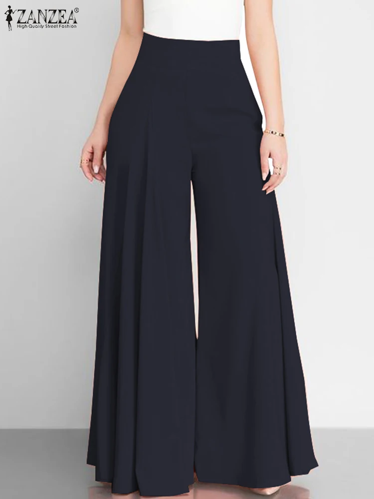 Women Elegant High Waist Wide Leg Pants ZANZEA 2023 Spring Vintage Flare Trousers Casual Solid Zipper Pantalon Female Palazzo