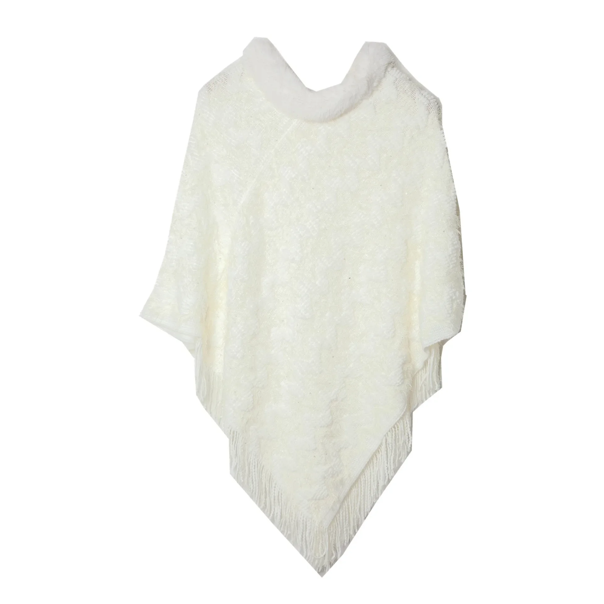 

Spring Autumn Sequin Pullover Imitation Wool Collar Shawl Knitted Cloak Fashionable Casual Poncho Lady Capes White Cloaks