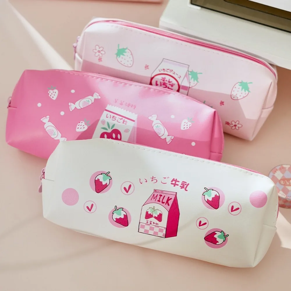 

Large Capacity Milk Pencil Case PU Leather Korean Version Kawaii Stationery Strawberry Pencilcase Kalemlik PU Leather Bag