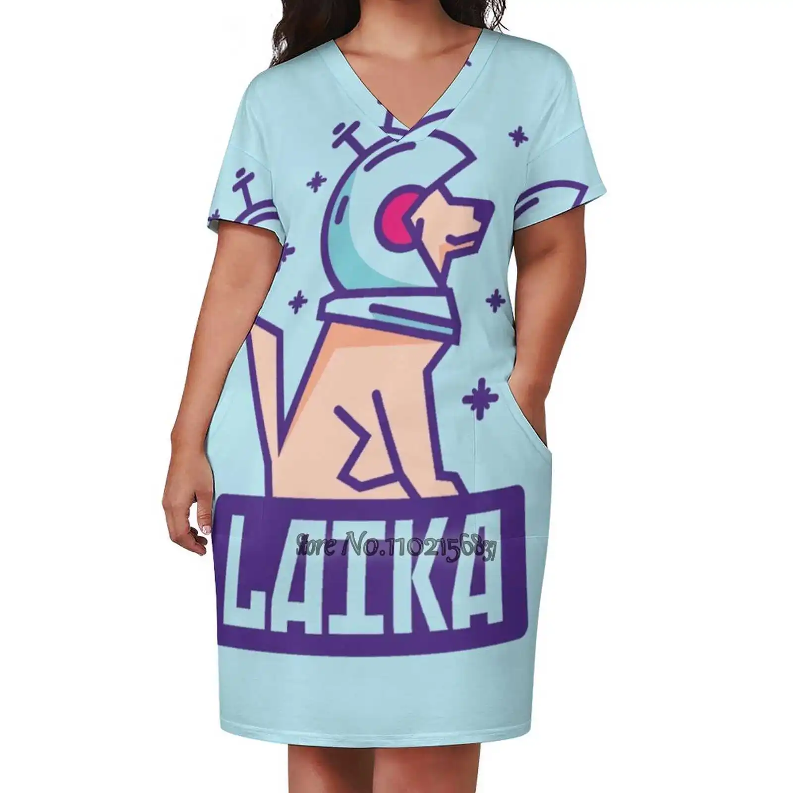 

Spacedog Laika Sexy V-Neck Dress Fashion Casual Printed High Quality Short Sleeve Skirt 5Xl Laika Space Helmet Astronaut