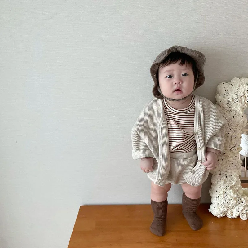 baby clothes penguin set 2022 Spring New Baby Cotton Waffle Cardigan Set Boy Cute Bear Print Tops Pants 2pcs Set Girl Summer Pp Pants Suit Infant Clothes baby floral clothing set
