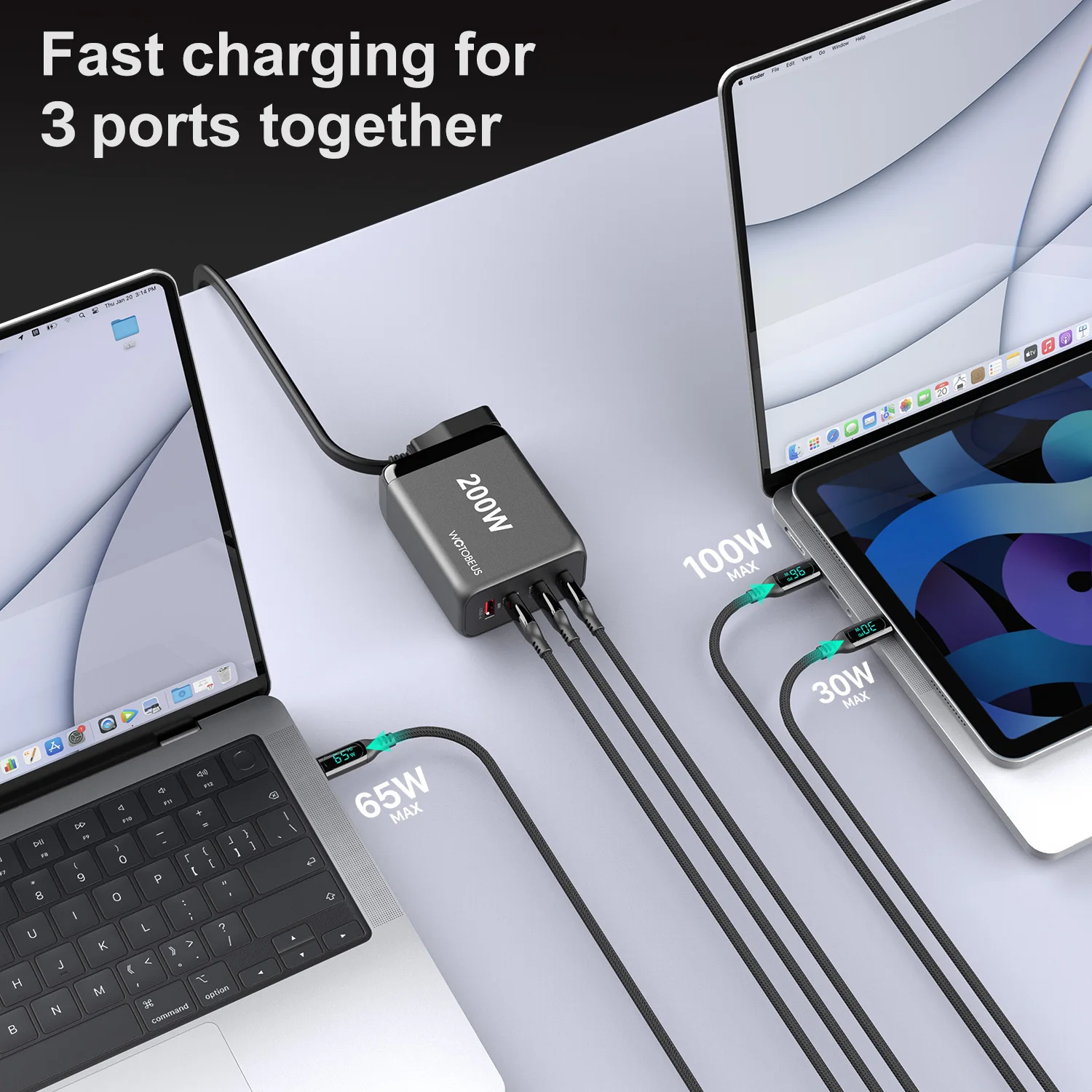 Chargeur USB C 200W GaN 8 Ports Sccvee - Charge Rapide PD+QC Pour PC, Tablette Et Smartphone
