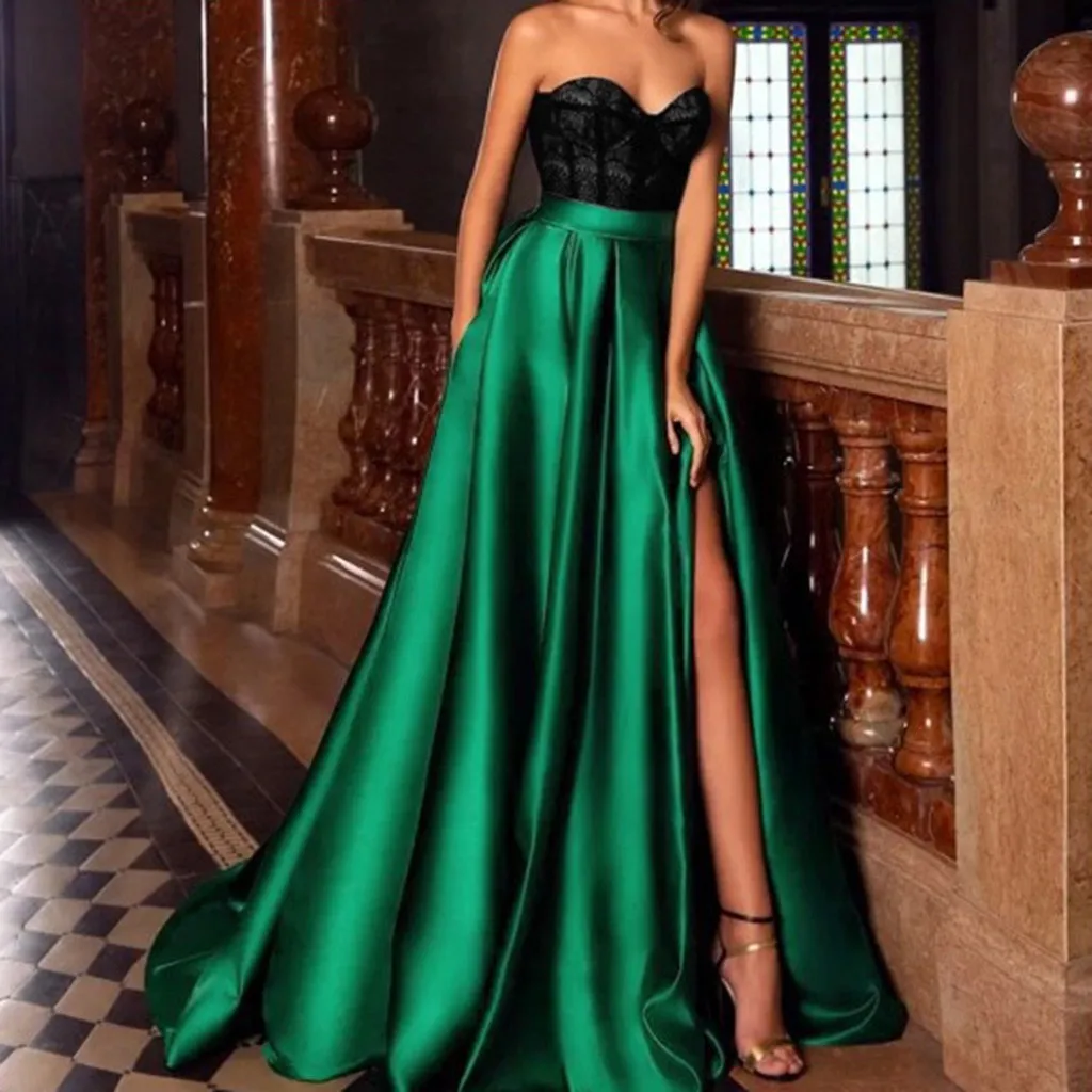 

Floor Length Strapless High Slit Maxi Dress Women High Waist Elegant Sexy Long Ball Gown Sweetheart Neck Party Evening Dresses