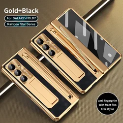 Premium Electroplated Matte Leather Hinge Case with Pen Slot and Touch Pen Holder - Galaxy Z Fold4 (Gold Black)